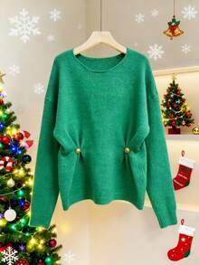 Franclia Women's Autumn/Winter Christmas Green Solid Color Gold And Green,Autumn,Casual,Holiday Loose Long Sleeve Side Button Round Neck Wool Knitted Sweater - Green - View 1