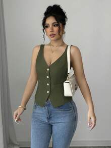 Elenzga 女士纯色单排扣休闲粗肩带背心 - 軍綠色 - 查看 4