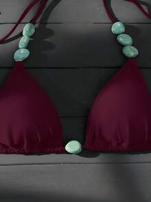 SHEIN Swim Vcay Áo yếm cổ yếm nhuộm màu đá cẩm thạch họa tiết trơn màu mùa hè dành cho nữ, trang trí bãi biển, hồ bơi, tiệc thường ngày, ngày lễ, xuân/hè - Màu Đỏ Sâu - Xem 3