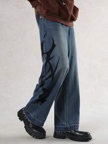 DAZY 男士宽松街头印花牛仔裤，秋季款 - 藍色 - 查看 4