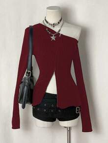 EgrlEra 女士简约甜美蓝色不对称肩部长袖拉链圆领开衫针织毛衣，秋冬款