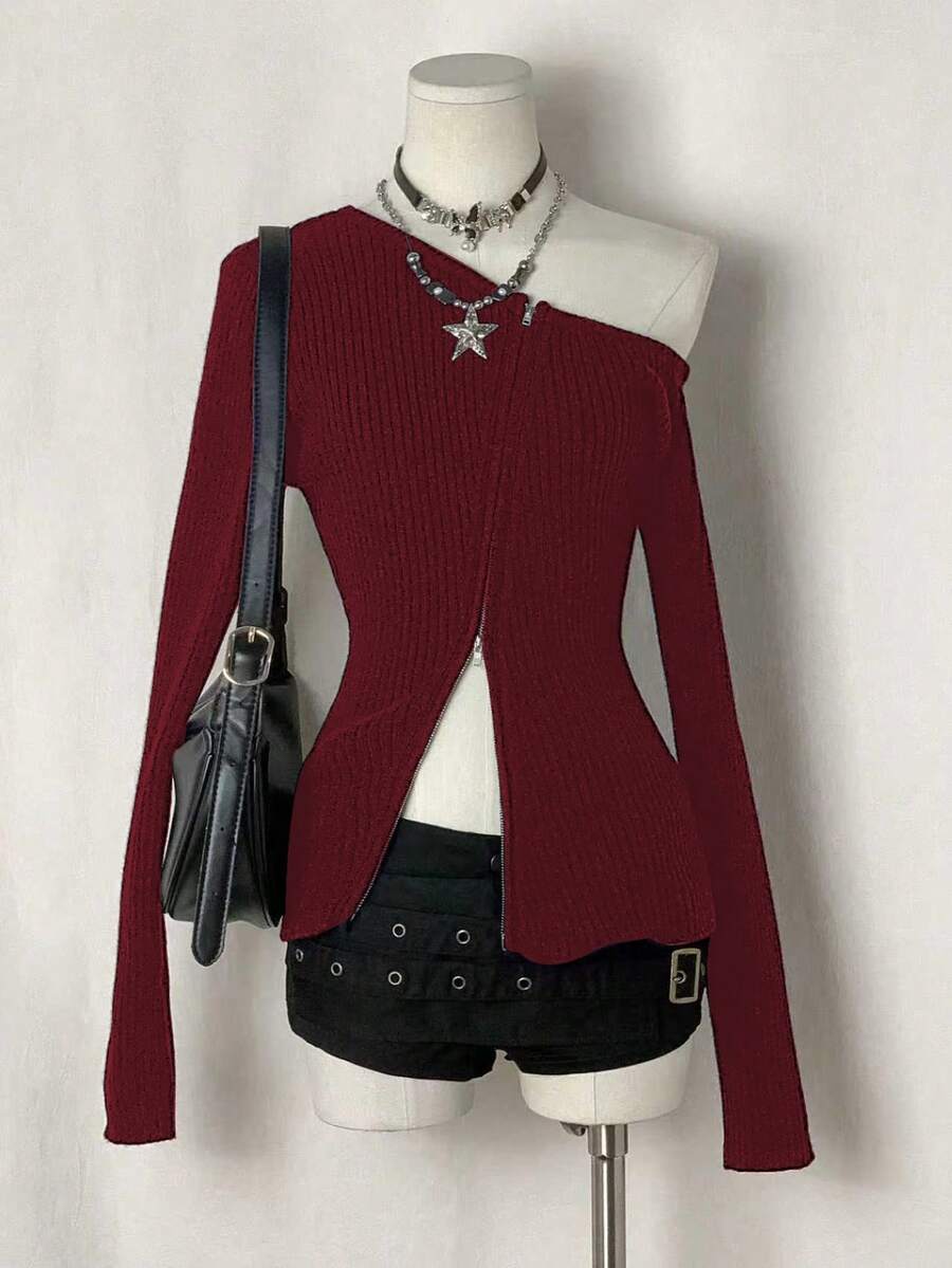 EgrlEra 女士简约甜美蓝色不对称肩部长袖拉链圆领开衫针织毛衣，秋冬款