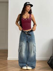 StreetHx 街头风女款朋克金属风黑色无袖铆钉装饰休闲背心 - 紅色 - 查看 6