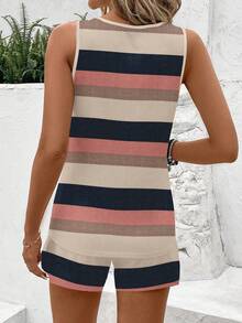 SHEIN LUNE 2pcs Women Casual Colorblock Striped Sleeveless Round Neck T-Shirt And Vest Set, Suitable For Summer Island Vacation Outfits Suitable For Going Out