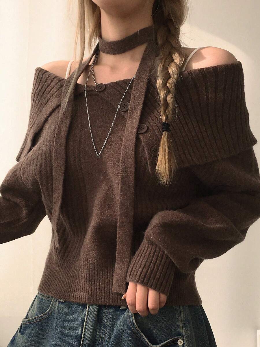DAZY 女士翻领露肩修身短款毛衣 - 棕色 - 查看 1