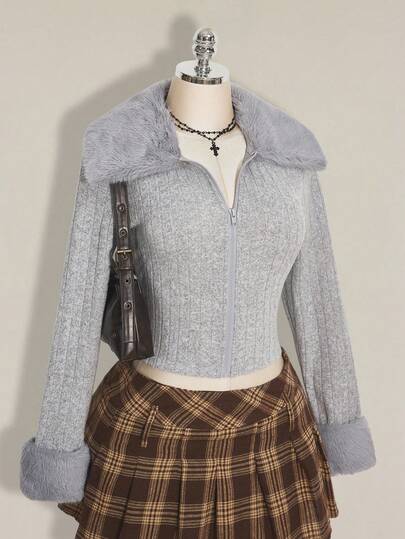 SHEIN ICON Plus Size Front Zip Knit Cardigan, Fur Collar Cuff Lapel Warm Knit Jacket, Suitable For Autumn, Autumn/Winter Knit Jacket