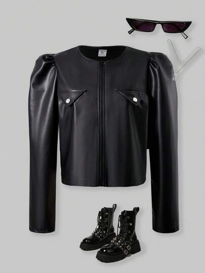 SHEIN ChillGRL Tonårs/Unga Kvinnor Kort Puffärmad PU-jacka Med Ficklock, Lämplig För Höst/Vinter Ytterkläder, Pendling, Casual, Streetwear