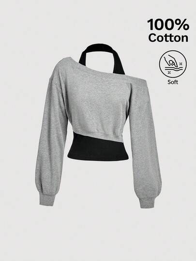 SHEIN MOD Sudadera gris asimétrica de cuello 2 en 1 para mujer en otoño/invierno