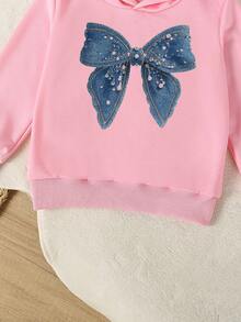 2pcs/Set Young Girls Bow Print Hooded Long Sleeve Sweatshirt & Pants Set - Pink - View 9