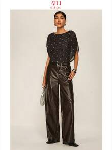 ATUI Studio Women's PU Leather Pants, High Waist Cracked Texture, Straight Leg, Casual, Fashion Versatile, Suitable For Work And Occasions