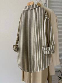 SHEIN LUNE Plus Size Women Thanksgiving For Women Fall Casual Everyday Wear, Striped Print Long Sleeve Shirt, Casual Loose Comfy Long Style New Year Women's For Home And Vacation, Fall, Thanksgiving Women Christmas For Women Blouse Casual Loose Comfy Long Style For Home And Vacation, Fall Shirt Holiday Blouse - Multicolor - View 2