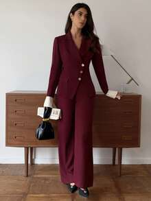 Elyressa 女士优雅撞色翻领长袖外套和裤子套装 - 酒紅色 - 查看 4