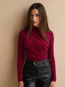NOVVYNE Burgundy Red Slim Fit Long Sleeve T-Shirt With Pleat Design Fall Cloth For Women Basic Classic Autumn&Winter - Burgundy - View 5