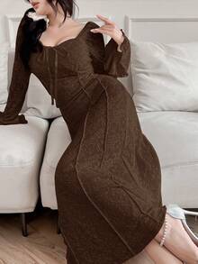 Feyla Váy midi ren dài tay thanh lịch dành cho nữ Váy dạ hội dài - Cà phê nâu - Xem 7