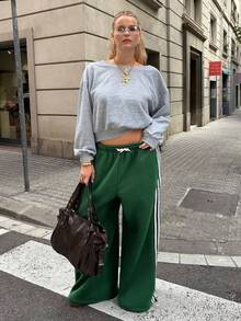 SHEIN EZwear Plus Size Women Casual Striped Patchwork Side Drawstring Waist Sweatpants, Autumn - Green - View 6