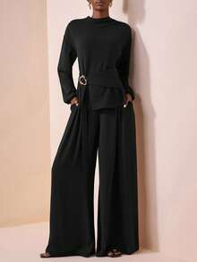 Zivah 2025秋季新款音乐节西式游牧风生日派对毕业大学生日常休闲装婚礼宾客波西米亚通勤机场派对假日优雅长袖褶皱肩部金属装饰腰带上衣和阔腿口袋裤两件套 - 黑色 - 查看 7