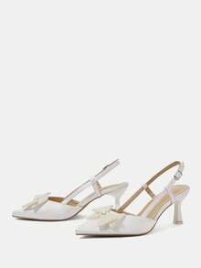 CUCCOO HITCHD Women's Pink Lace Pointed Toe Backless Pearl Bow Net Mesh High Heel Shoes For Christmas - White - View 10