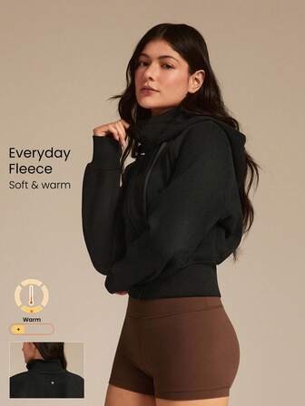 GLOWMODE Fleece, comfortabele zachte geribbelde manchetten, zoom, duimgaten, afneembare capuchon, cropped sweatshirt met rits, dagelijks casual, herfst/winter