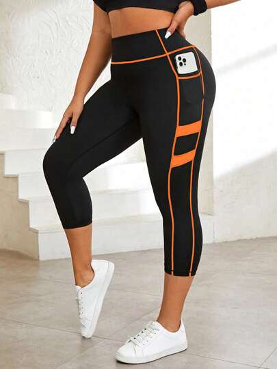 Rhythm Era Plus Size Contrast Color Elastic Phone Pocket Sports Leggings