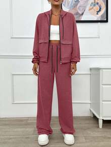 EURMUSE TWO PIECES TWO THREAD LIGHT GREY HOODIE SWEATSHIRT AND SWEATPANT WITH SPARKLE STONE DETAIL - Rusty Rose - View 6