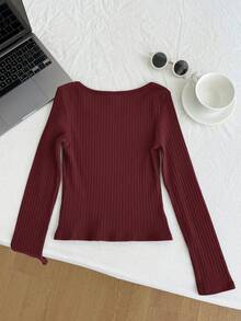 Tween Girls' Ribbed Crew Neck Elastic Fitted All-Match Versatile Long Sleeve T-Shirt, Comfortable - Burgundy - View 2