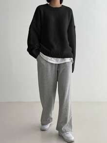 DAZY Solid Color Crew Neck Casual Long Sleeve Sweater,Long Sleeve Tops,Fall Women Clothes - Black - View 6