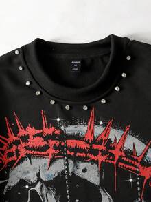 ROMWE MEN Goth Men's Sparkling Diamond Skull Print Long Sleeve T-Shirt - Black - View 2