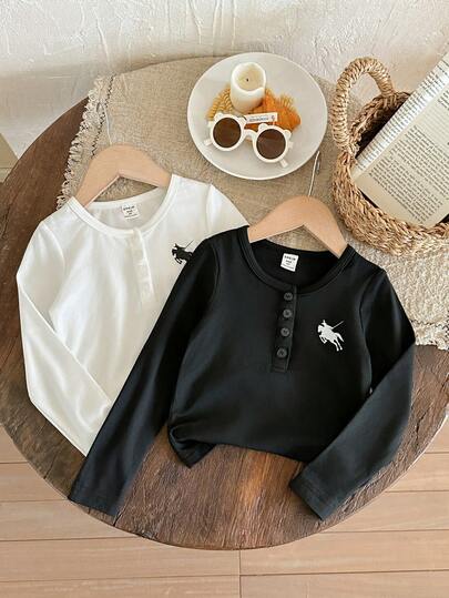 2pcs/Set Young Girl Solid Color Crew Neck Casual T-Shirt