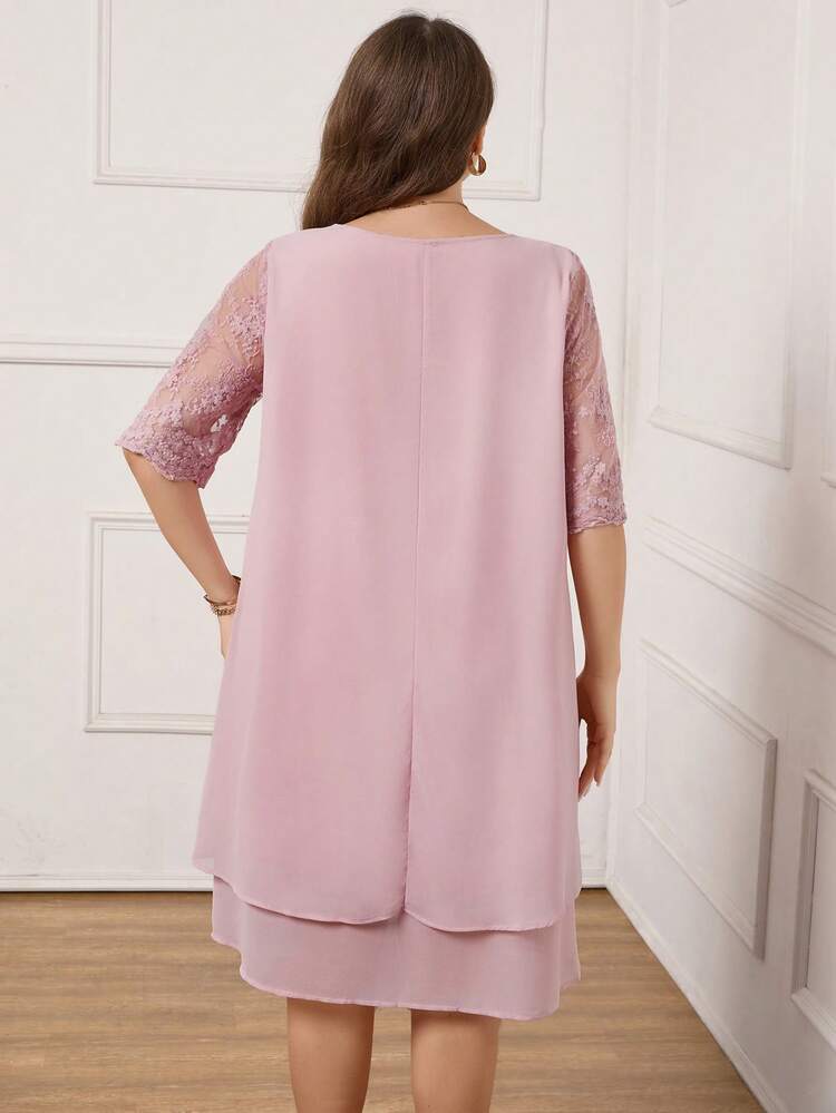 Plus Size Women's Round Neck Mesh Splice Casual Daily Wear Spring Summer Ripe Elegant Mom Pink Dress