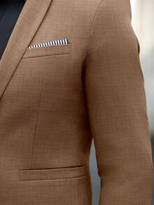 Manfinity Bizformal 男士翻领长袖单排扣休闲西装外套和裤子通勤套装 男士卡其色西装 男士休闲修身米色西装 男士棕色西装 - 棕色 - 查看 3