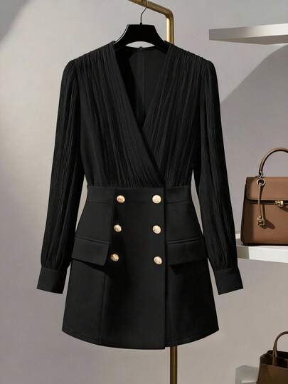 GlowEve CURVE Elegante V-halsjurk met lange mouwen voor dames in grote maten, geschikt voor woon-werkverkeer, feestjes, dates, herfst/winter, kort model met metalen gespdetail