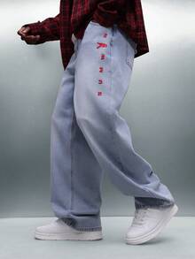 PLAYBOY X SUMWON Quần Jeans Denim Ống Rộng Giặt Sáng Màu Có Thêu Viền Đỏ, Dáng Dài Thoải Mái, Phù Hợp Mặc Hàng Ngày, Mùa Đông Xuân - Màu xanh lam - Xem 1