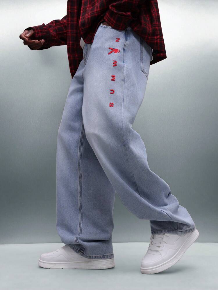 PLAYBOY X SUMWON Light Wash Wide Leg Jeans With Red Embroidery