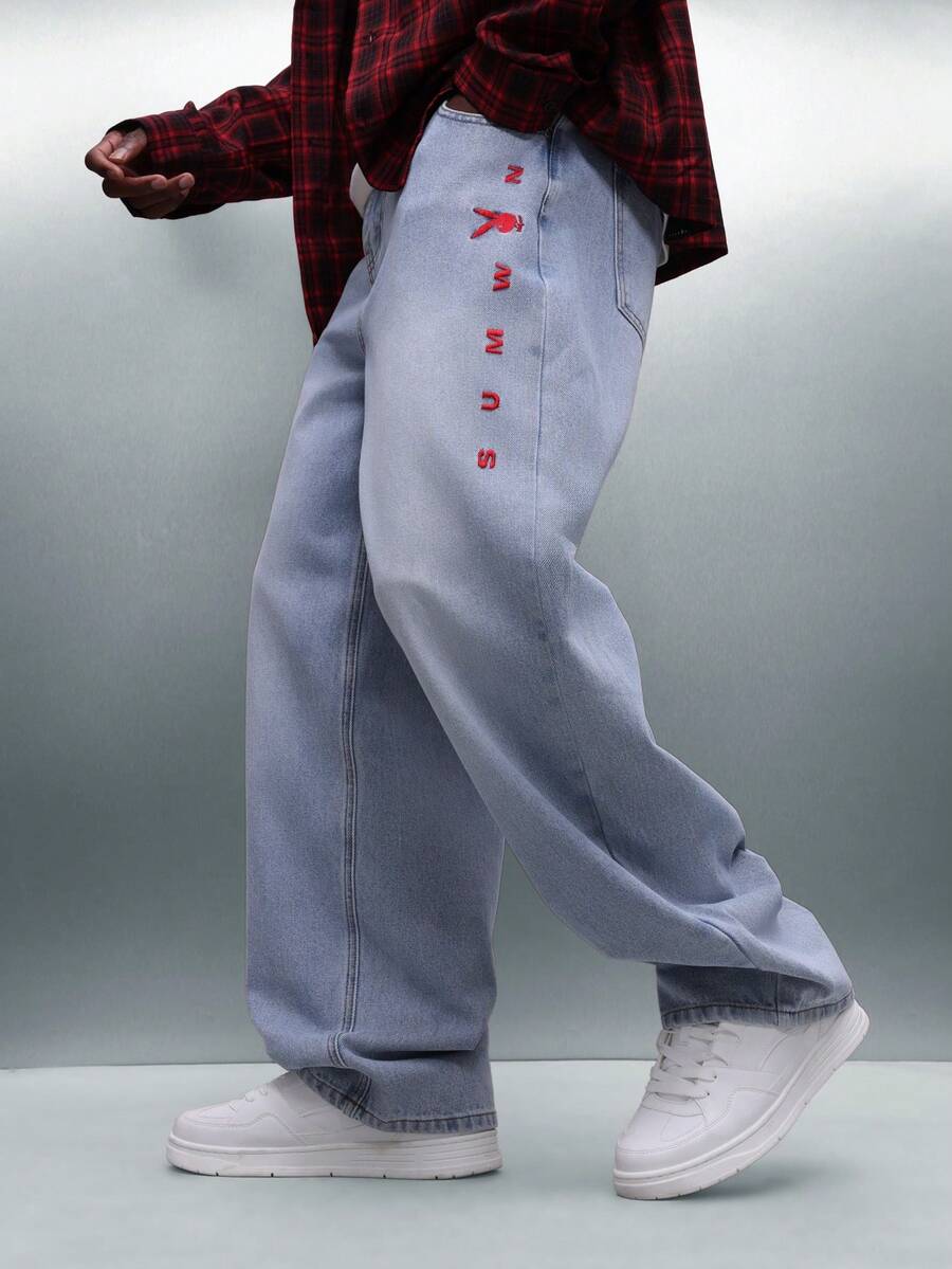 PLAYBOY X SUMWON Quần Jeans Denim Ống Rộng Giặt Sáng Màu Có Thêu Viền Đỏ, Dáng Dài Thoải Mái, Phù Hợp Mặc Hàng Ngày, Mùa Đông Xuân - Màu xanh lam - Xem 1