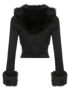 INAWLY Women's Hooded Long Sleeve Fitted Waist Sweatshirt Jacket - Black - View 3