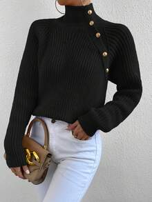 Elenzga 女士纯色极简高领长袖套头毛衣 - 黑色 - 查看 5