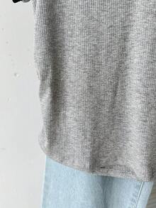 SHEIN 少女罗纹撞色领短袖休闲修身简约T恤 - 灰色 - 查看 3