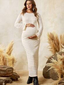 Boho Mama 孕妇纯色圆领长袖修身优雅连衣裙 - 白色 - 查看 7