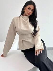 Firerie Women's Elegant Commute & Casual Vintage Bamboo Texture Stand Collar Long Sleeve Gathered Waist Pleated Design Regular Fit Shirt, Autumn/Winter New Ladies Blouse,Elegant Blouses For Women,Spring Women - Apricot - View 5