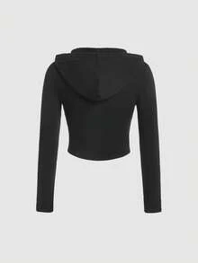 SHEIN MOD Solid Zip Up Center Front Decorative Pocket Drawstring Hooded Crop Slim Fit Black Sweatshirt,Long Sleeve Tops In Fall/Winter - Black - View 5