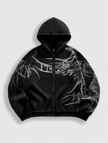 ROMWE MEN Men's Gothic Print Zip Front Casual Hoodie Sweatshirt, Long Sleeve Top - Black - View 5