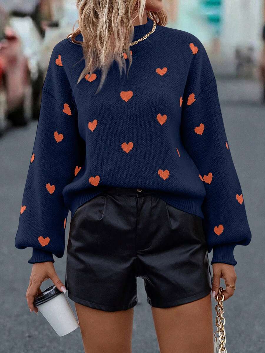 EMERY ROSE Heart Pattern Crew Neck Casual Long Sleeve Sweater, Autumn/Winter - Navy Blue - View 1