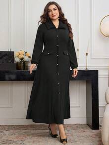 Modelyn Ribbed Knit Patchwork Faux Fur Collar Long Sleeve Elegant Fashionable Romantic Plus Size Dress - Black - View 3