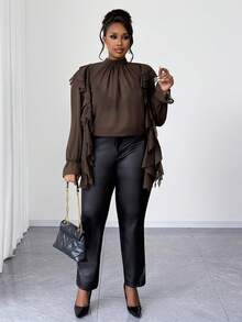 Maweii Plus Size Women's Stand Collar Ruffle Flare Sleeve Sheer Elegant Vintage Casual Holiday Party Blouse, Brown/Coffee - Brown - View 5
