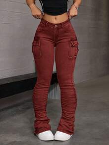 SHEIN ICON 女士休闲褶裥口袋牛仔裤 - 酒紅色 - 查看 6
