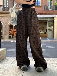 DAZY 女士弹力腰侧条纹豹纹阔腿宽松休闲裤