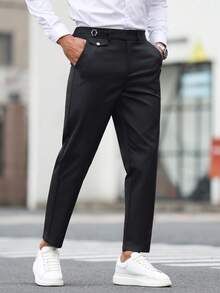 Calvornis Men's Modern Fit Cropped Black Woven Trousers With Unique Buckle Detail For Business And Everyday Wear Men Black Dress Pants Men Trousers - Black - View 3