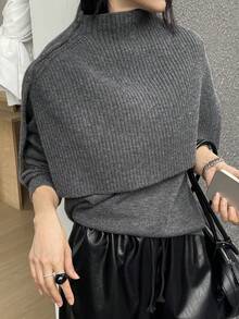 DAZY Women's Casual Solid Color Stand Collar Poncho Sweater, Autumn/Winter - Grey - View 4
