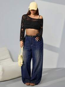 SHEIN EZwear Plus Size Solid Color Cutout Shoulder Long Sleeve Hollow Out Knit Fashionable Cropped Pullover Sweater - Black - View 8