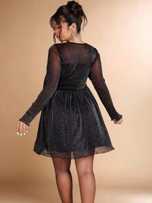 Cravure 大码女式秋冬闪光 A 字型派对连衣裙，适合宴会、聚会、派对 - 黑色 - 查看 2